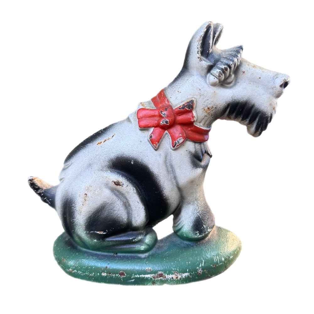 Vintage Cast Iron Scottie Dog Doorstop 7.5" Scottish Terrier Red Bow 3.5 lb